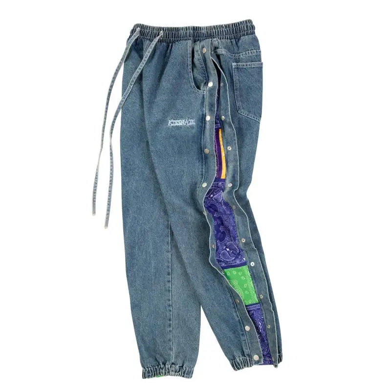 washed distressed denim sweatpant cashew flower patchwork oversized splice buckle jogging jeans casual button baggy men clothing unique joggers style 3331