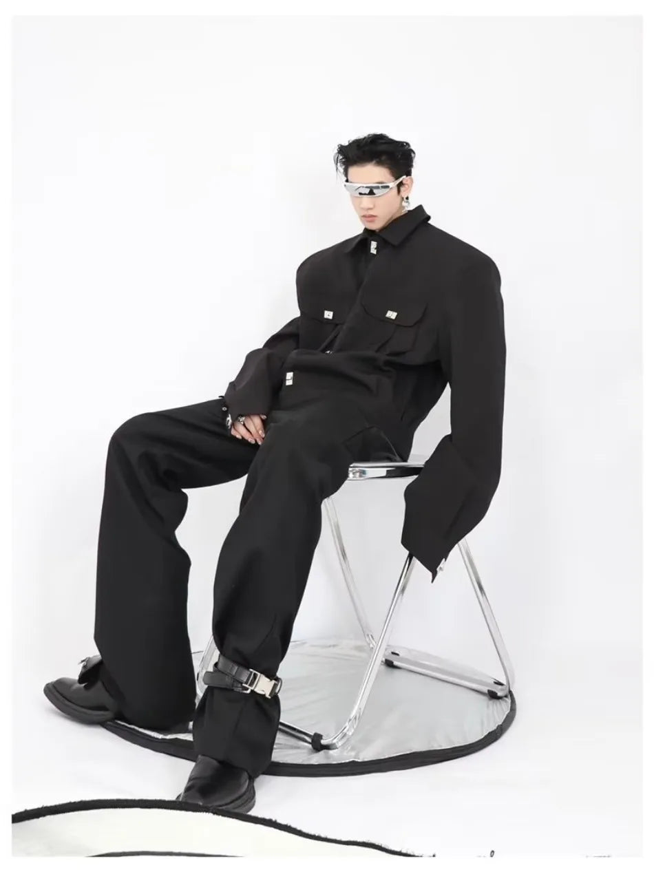 trendy high street jacket mens unisex metal button shoulder pad short coats multi pocket punk hip hop loose outwear oversized unique shorts style 3540