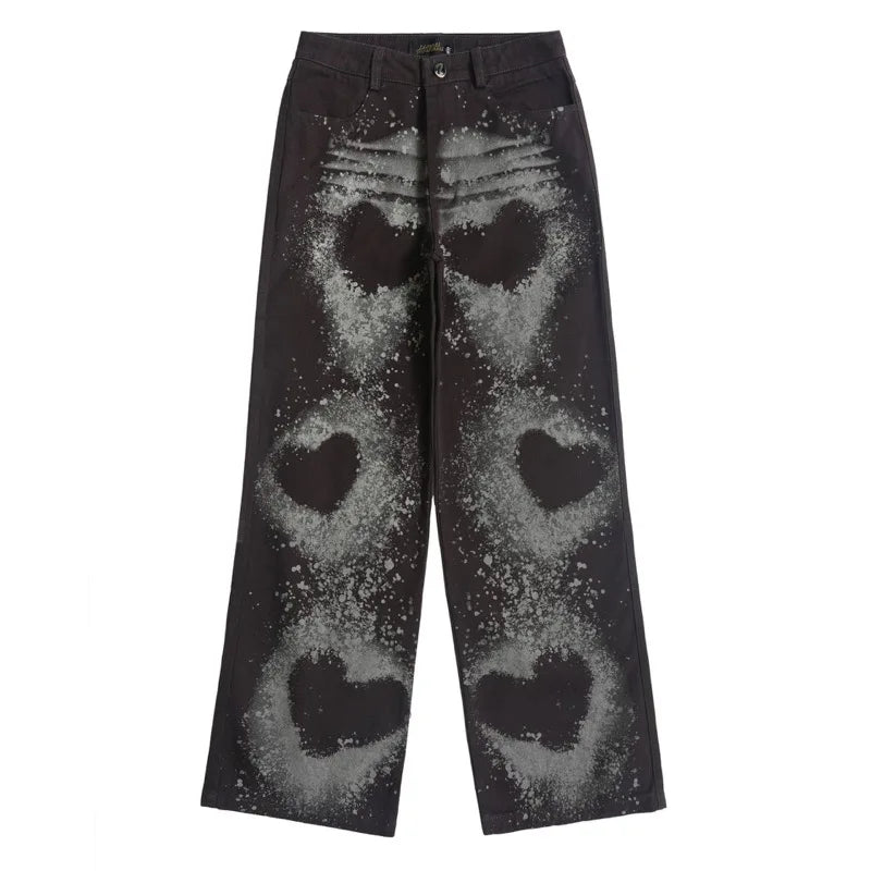 fashion loose streetwear denim pants unisex casual graffiti print wide legs jean pants hip hop trousers joggers mens baggy jeans relaxed fit joggers