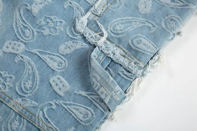 vintage high street washed light blue flared jeans cashew flower jacquard pattern rough edge jeans pants for men and women unique jeans style 935