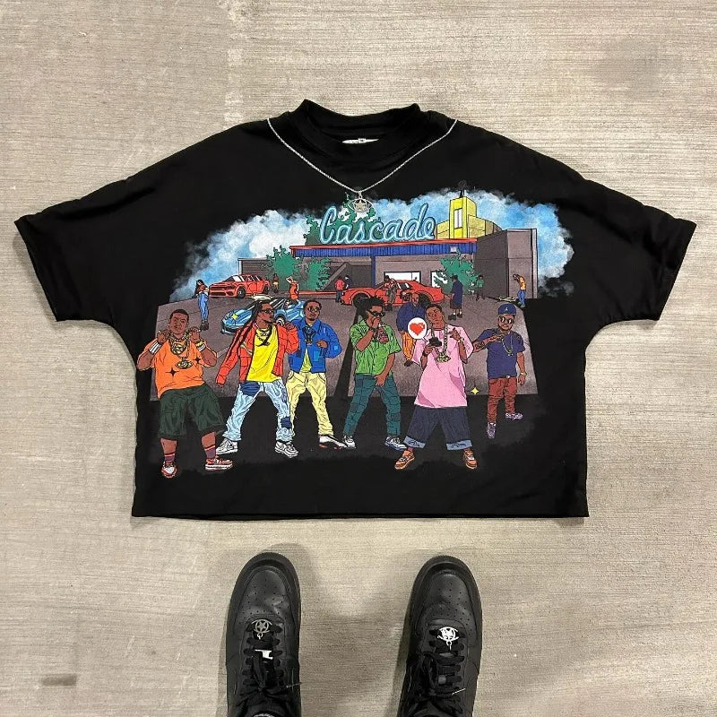 2024 New Spring and Autumn Fashion Cartoon Printed Oversized T-Shirt Women's Y2K Street Hip-Hop Harajuku Loose Short-Sleeved Top Street King Limited