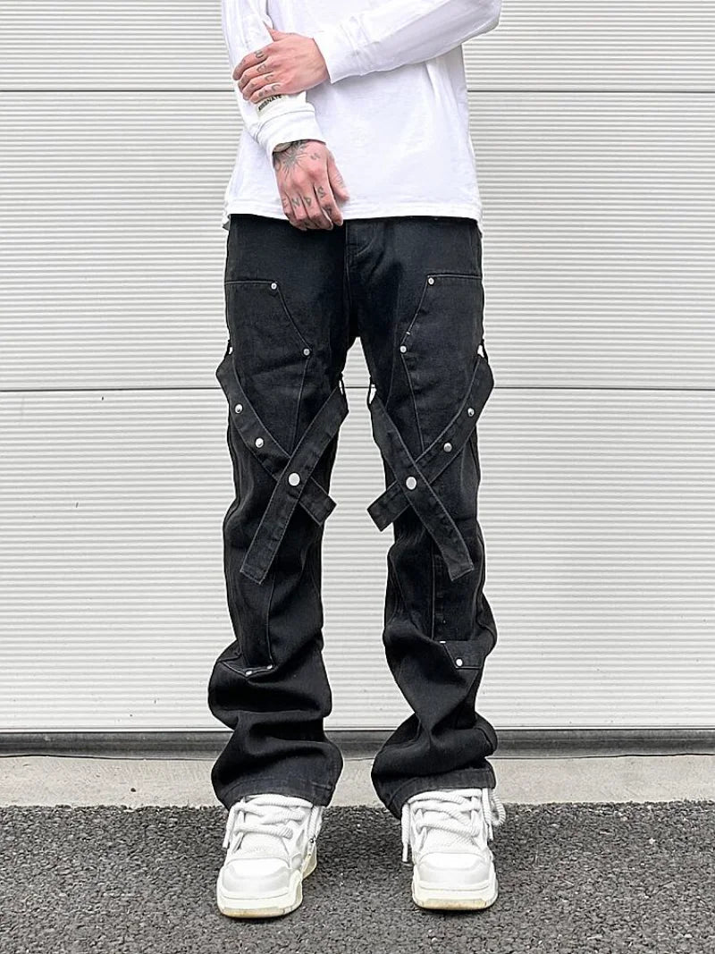 fashion knee adjust belt decoration denim jeans zipper straight jeans hip hop streetwear mens casual loose joggers jeans pants relaxed fit joggers