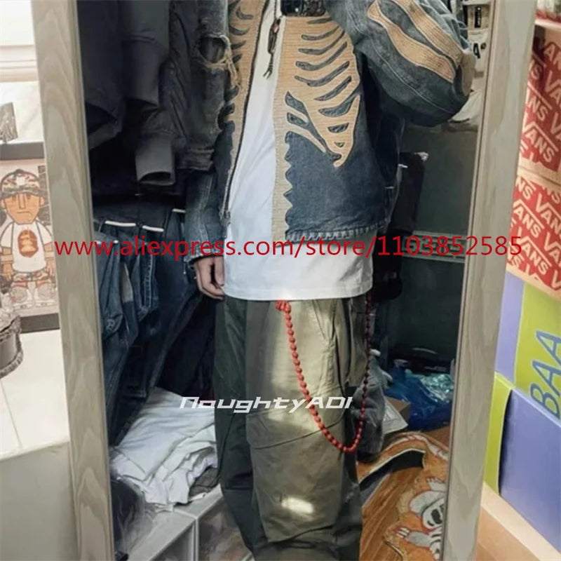 vintage mens long sleeved denim jacket high street oversized washed bone embedding tops clothing autumn winter 2024 heavyweight denim street jeans