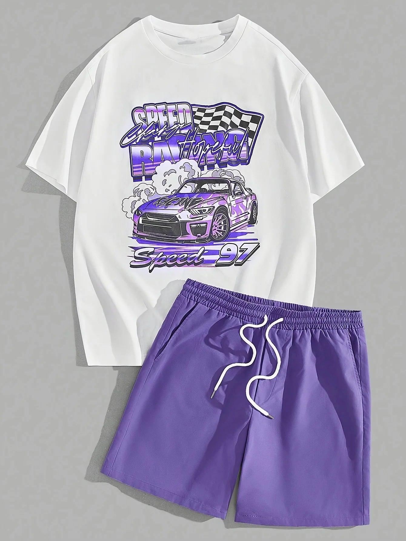 casual summer outfit set car graphic t shirts print shotr pants harajuku tracksuit streetwear purple sweatpants y2k men clothing sporty tapered joggers