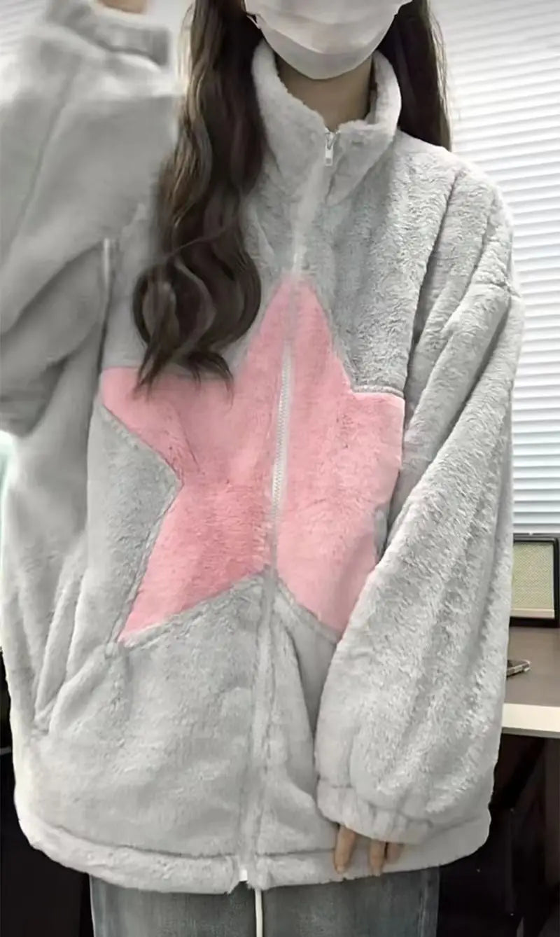 High Quality Plush Coat Pink Stars Zip Sweater Autumn Winter Jacket Women Warm Casual Slouchy Style Y2k Top Korean Fashion Coats Street King Limited