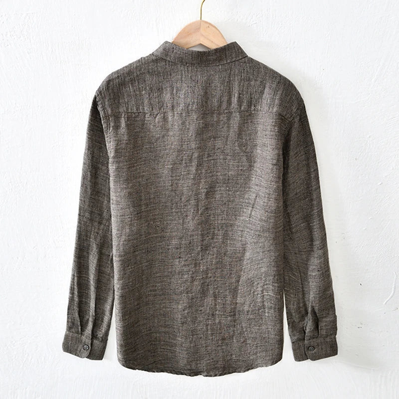 Vintage Linen Shirt Men Spring Autumn New Khaki Lapel Loose Long Sleeve Shirt Retro Casual Solid Breathable Cardigan Top Tees Street King Limited