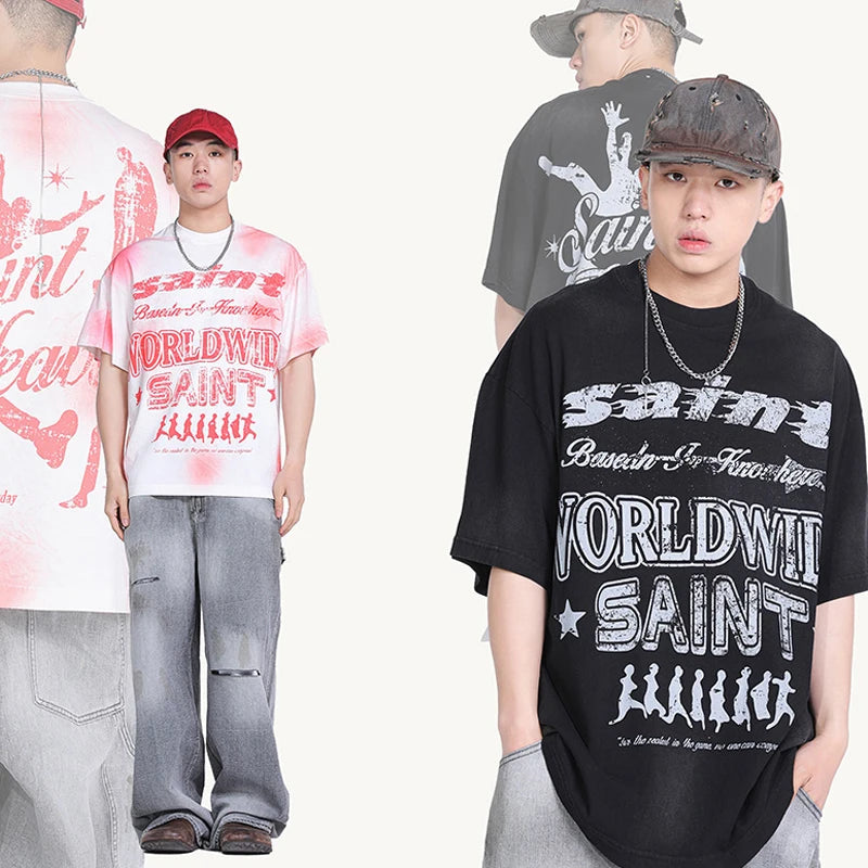 Black White Blue SAINT T-shirt Men Woman Good Quality Vintage Cartoon Pattern Printing Loose Casual Top Tees Street King Limited