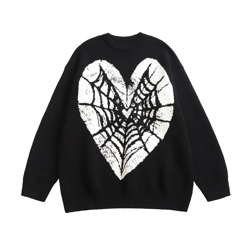 Hip Hop Knitted Sweater Men Winter O-neck Anime Spider Web Pattern Pullover Streetwear Casual Loose Sweater Warm Jumper Knitwear Street King Limited