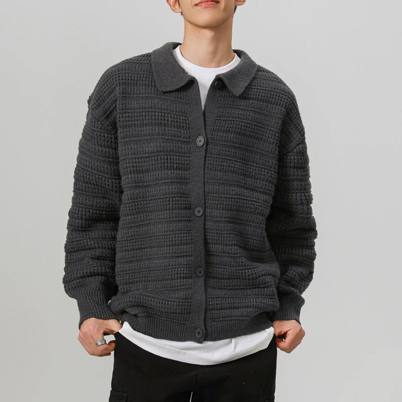 men streetwear fashion loose casual retro stripe knitted sweater cardigan jacket autumn knitwear jumper coat outerwear menswear bottoms