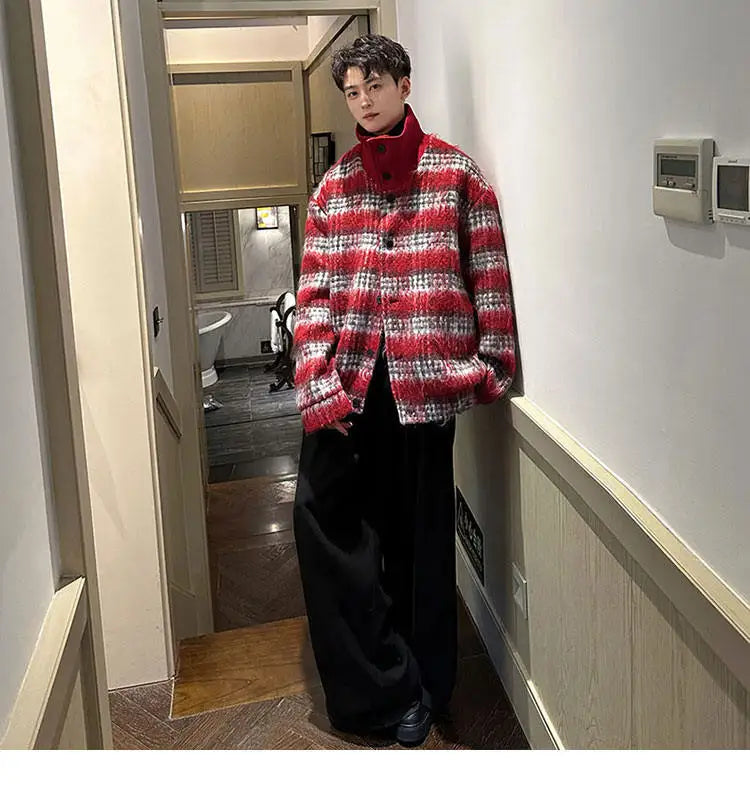 men turtleneck trendy brand fashion stripe christmas woolen bomber jacket women oversize plaid top coat outerwear unique default style 1158
