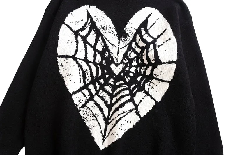 Hip Hop Knitted Sweater Men Winter O-neck Anime Spider Web Pattern Pullover Streetwear Casual Loose Sweater Warm Jumper Knitwear Street King Limited