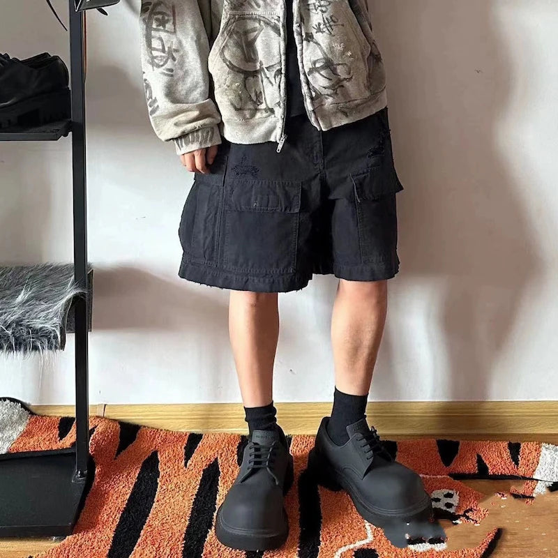 vintage ripped damaged black cargo shorts for men high street wide leg baggy overalls distressed summer knee length pants combat utility trousers