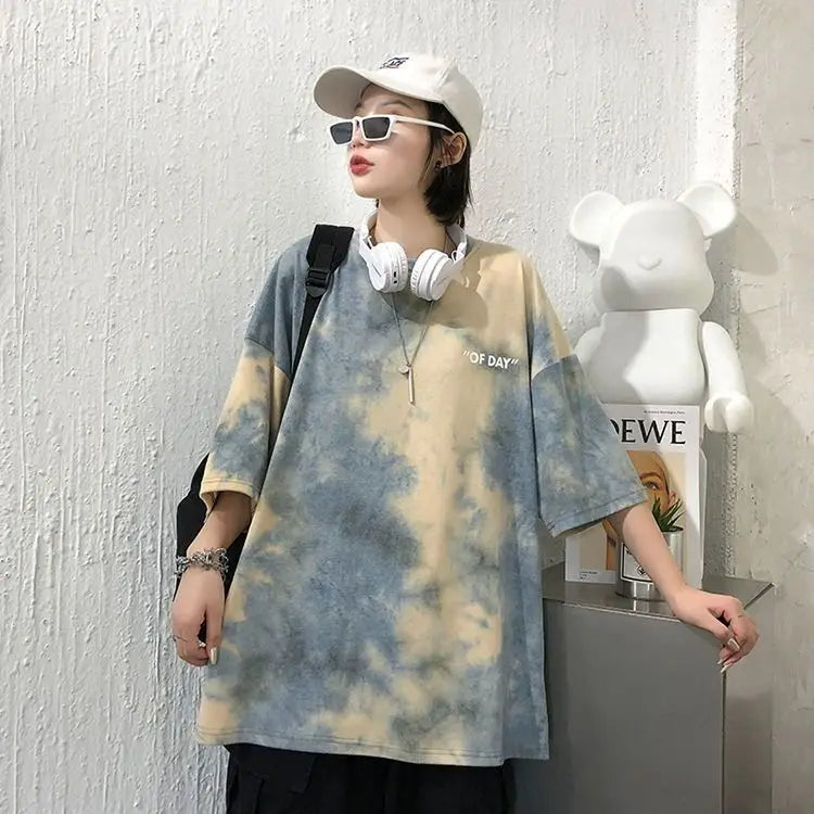 Summer national trend hip-hop tie-dye short-sleevedstyle Korean version ins loose couple's five-point half-sleeved T-shirt top Street King Limited