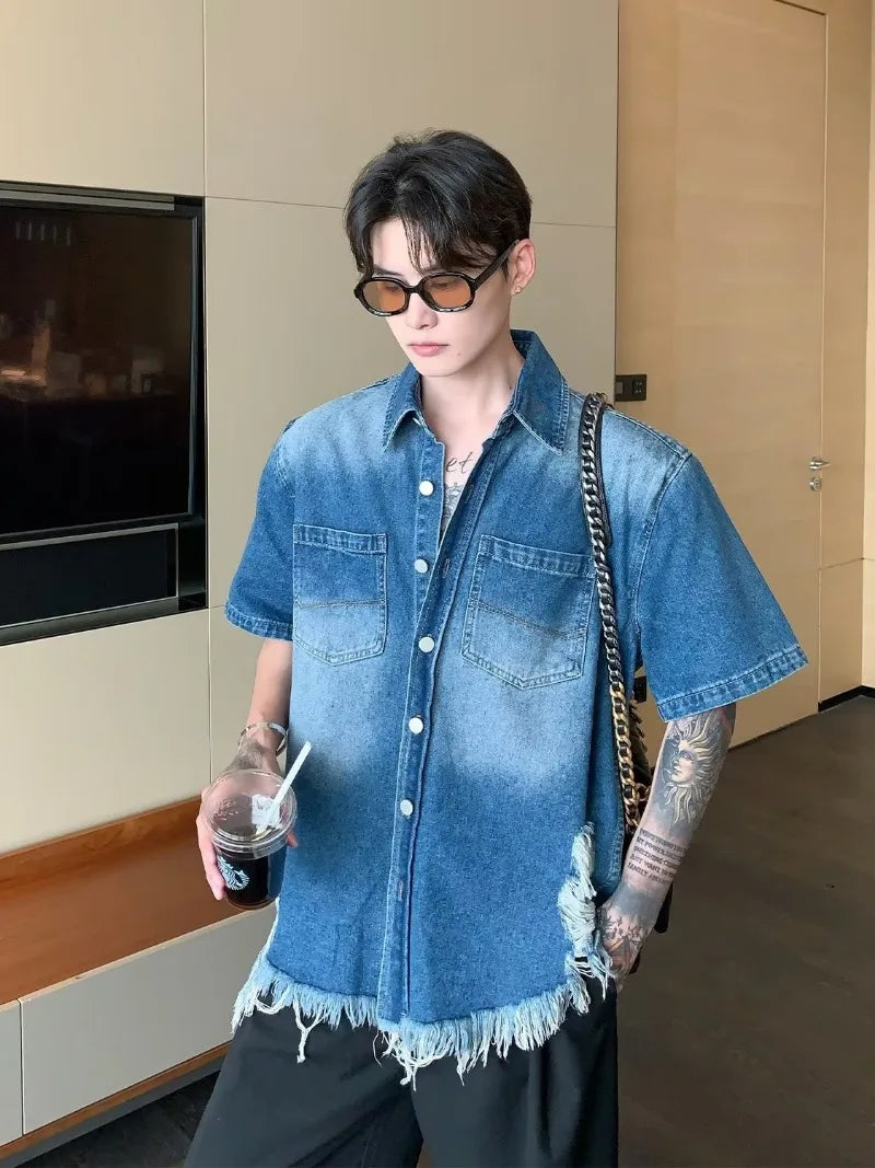 summer trend mens set shoulder padded short sleeved denim shirt quick drying casual pants 2 pcs set american retro street suit unique jeans style 3894
