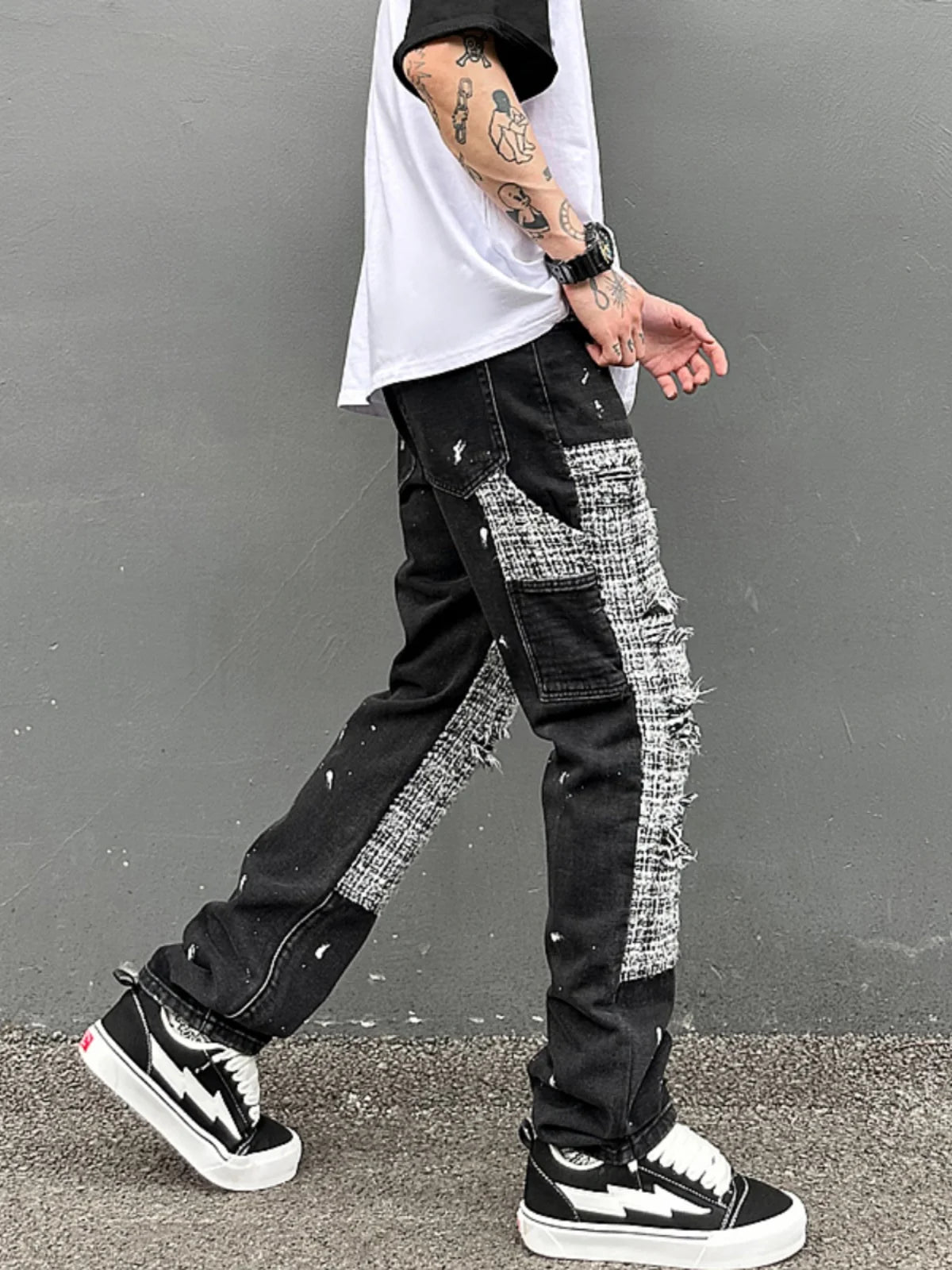 ripped holes patchwork denim jeans mens high street zipper straight jeans hip hop streetwear casual loose joggers jeans pants relaxed fit joggers