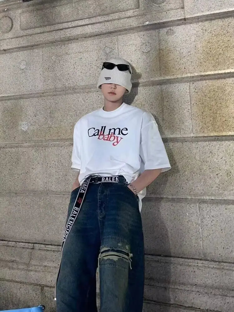 Summer men Korean retro fun printed half sleeved T shirt Fashion simple y2k couple personality hip hop loose round neck top Street King Limited