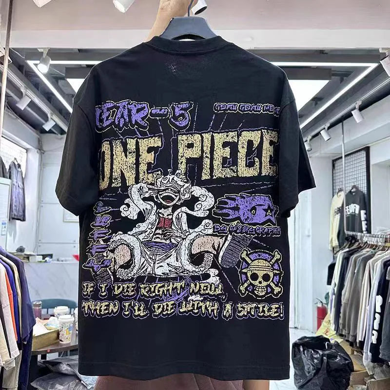 New High Street Hip Hop Cartoon Anime Printing Men Woman T-shirt Loose Casual Lovers Cotton Versatile Black Top Tees Street King Limited