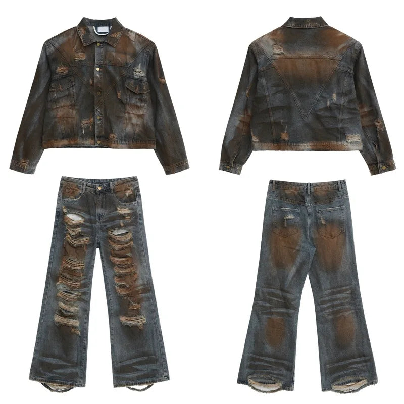 2 pieces sets mens dirty graffiti wide shouder denim jeans jacket coat and ripped holes wide legs pants joggers streetwear sets unique joggers style 3534