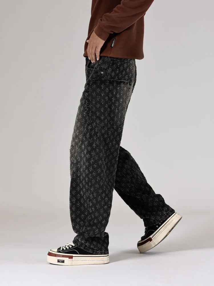 men brand fashion loose casual splice pocket jacquard vintage wide leg baggy jeans cityboy denim baggy jeans pants trousers unique jeans style 2861
