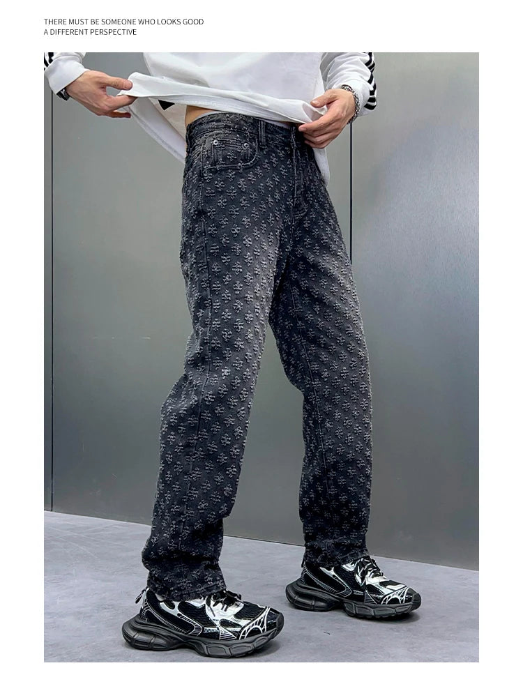 Men Wide Leg Denim Pants High Street American Retro Jacquard Loose Straight Jeans Y2K Fashion Streetwear Baggy Trousers Street King Limited