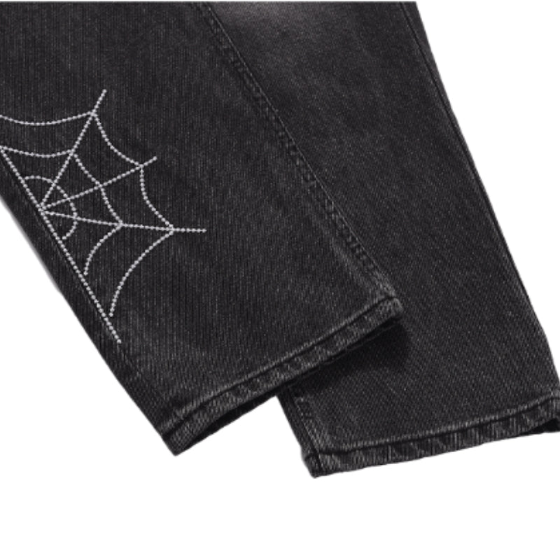 mens hip hop streetwear denim pants cobweb embroidery denim pants 2023 harajuku zipper cotton joggers jeans trousers harem pants unique joggers style 929