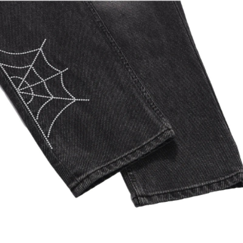 mens hip hop streetwear denim pants cobweb embroidery denim pants 2023 harajuku zipper cotton joggers jeans trousers harem pants unique joggers style 916