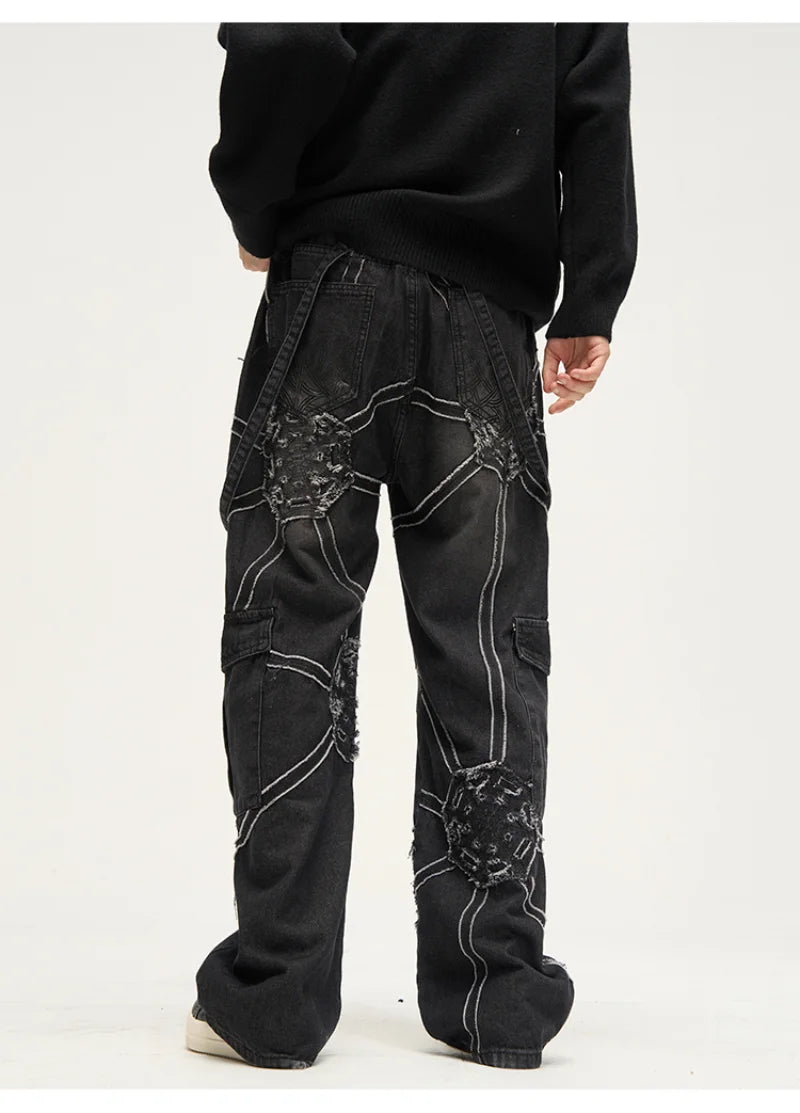 punk belt denim jeans pants women harajuku streetwear side pocket cotton men unisex casual baggy joggers straight pants trousers unique joggers style 3350