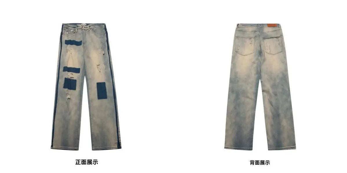 men and women trendy high street retro washed ripped color blocked jeans summer hip hop loose straight leg casual pants y2k unique jeans style 819