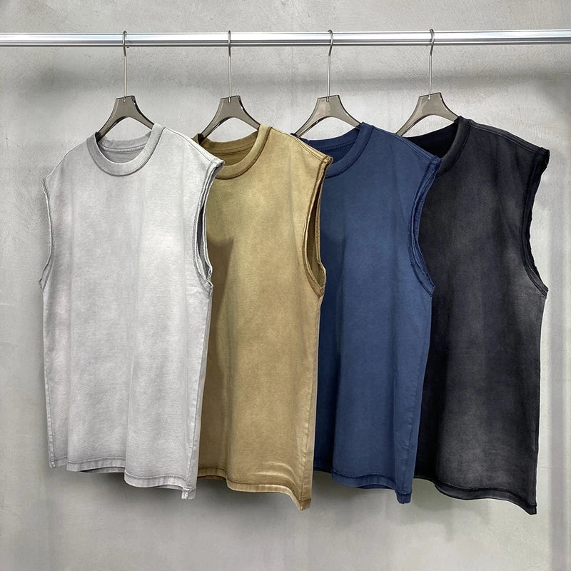 2024 Baggy Y2k Wax Dyed Vest Distressed Washed Tank Top Men's American Oversized Streetwear Trendy Retro Sleeves T Shirts Street King Limited