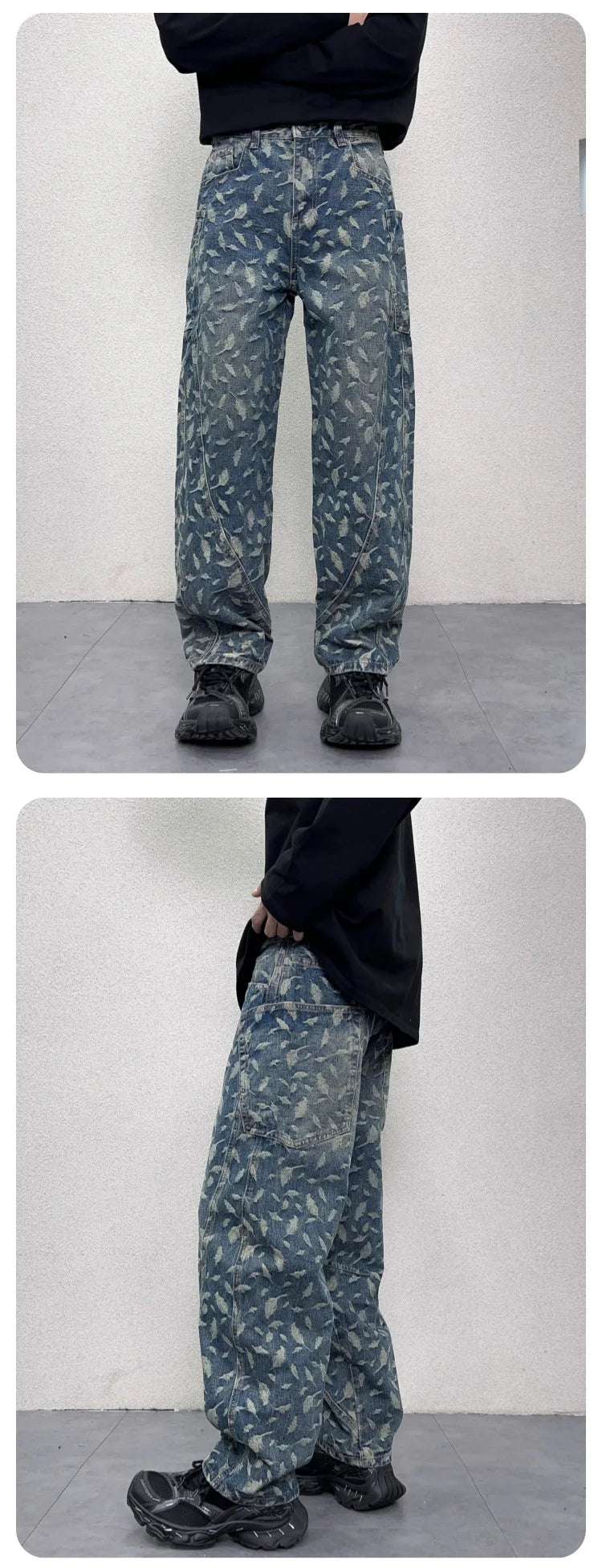 men jacquard loose casual hip hop vibe splice pocket denim baggy jeans pants man streetwear ripped jeans trousers boyfriend unique jeans style 2998