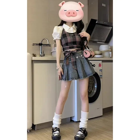 Summer gentle outfit 2023 new Korean version short sleeved shirt plaid suspender denim short skirt womens two peice skirt sets Street King Limited