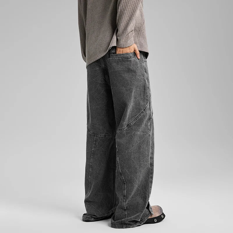 american high street vibe fashion splice jeans mens belt loose casual vintage wide leg straight denim baggy jeans pants trouser denim street jeans