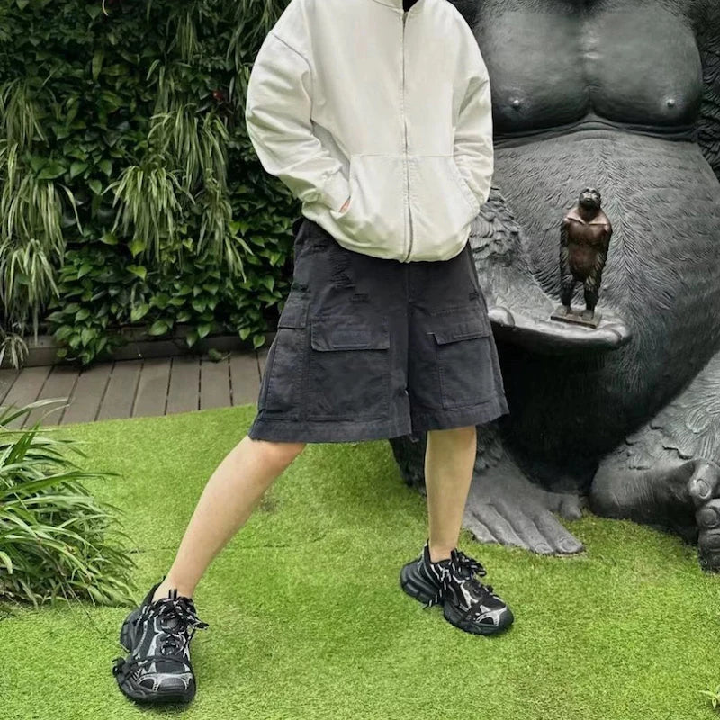 vintage ripped damaged black cargo shorts for men high street wide leg baggy overalls distressed summer knee length pants unique cargo style 3099