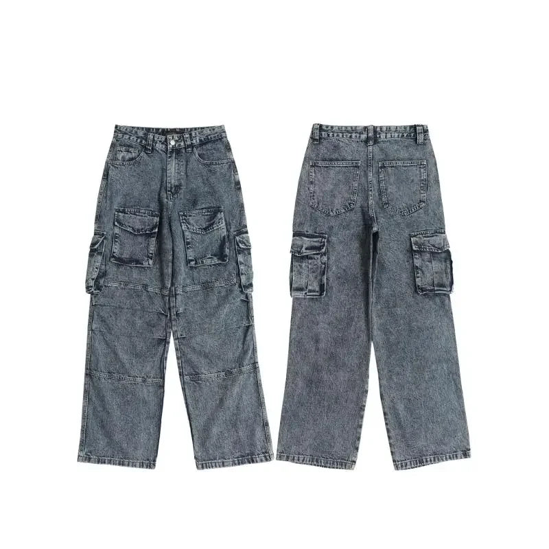 fashion loose streetwear cargo denim jeans unisex casual multi pocket wide legs jean pants hip hop joggers mens baggy jeans urban active pants