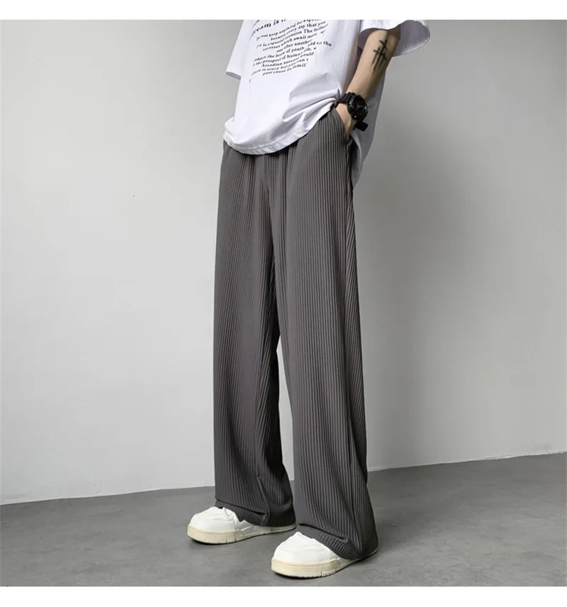 summer texture straight pants for men korean fashion baggy wide leg trousers casual drape pleated striped y2k pantalones hombre unique default style 487
