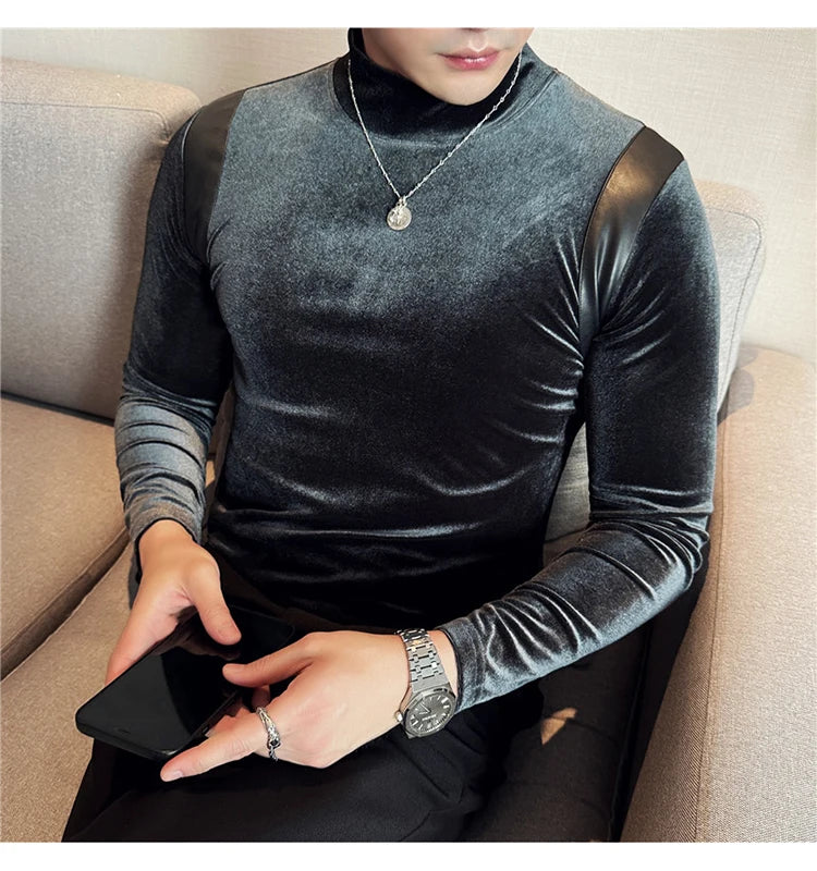 Turtleneck Stretch Slim-fit T-shirt Men Long Sleeve Thicken Elastic Velvet Retro Fashion Casual Tshirt Handsome Man T Shirts Street King Limited