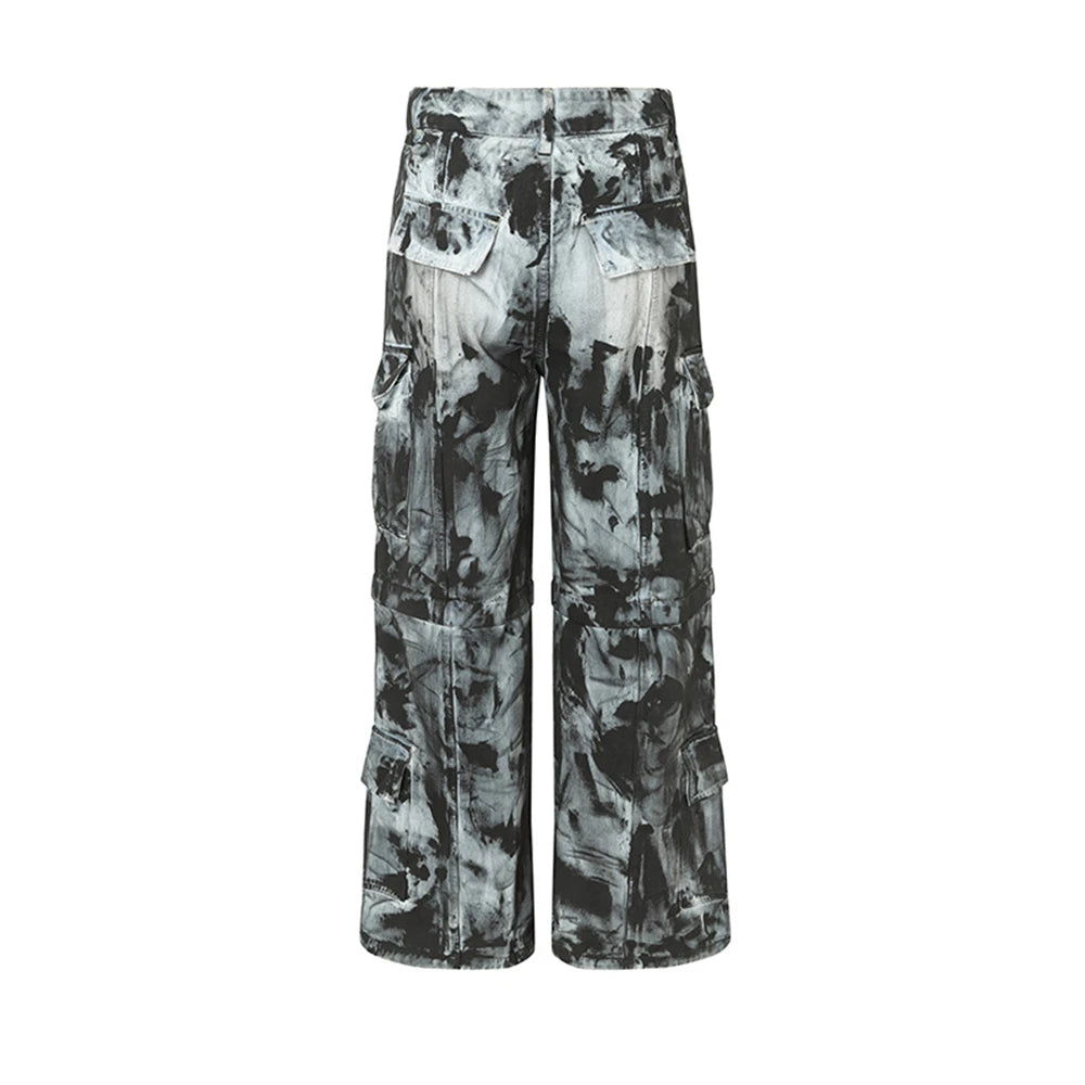 vintage dirty tie dye baggy jeans men multi pocket loose white straight jeans trousers luxury designer oversized denim pant unique jeans style 1929
