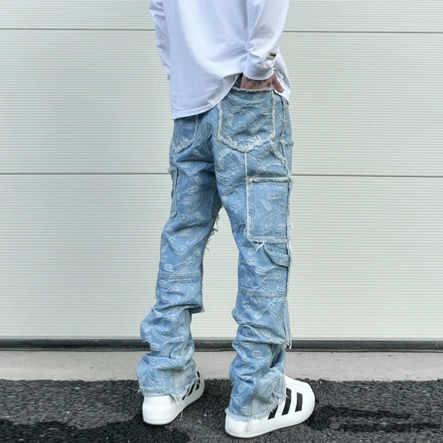 vintage high street washed light blue flared jeans cashew flower jacquard pattern rough edge jeans pants for men and women vintage washed jeans