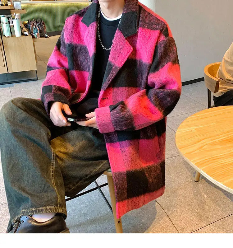 plaid woolen trenchcoat men autumn winter fashion retro streetwear suit collar loose casual trendy trench coat outerwear unique default style 1204