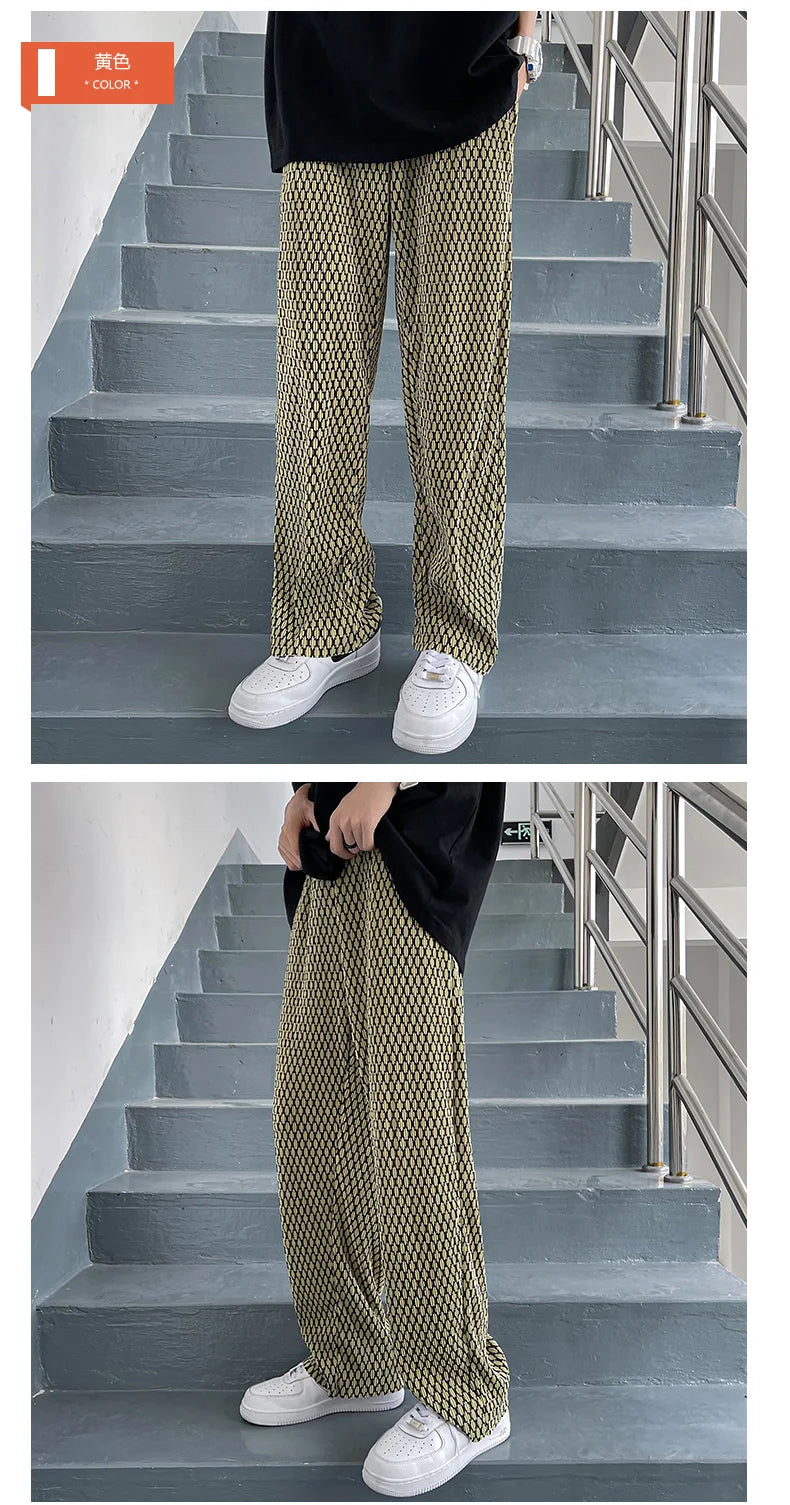 Summer Pleated Pants Men Fashion Casual Plaid Pants Men Streetwear Korean Loose Straight Ice Silk Pants Mens Plus Size Trousers Street King Limited