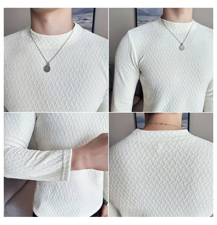 Autumn Winter Semi-turtleneck Stretch Slim Fit Long Sleeve Tshirt Men Thicken Velvet Jacquard Casual T-shirt Bottom T Shirt Street King Limited