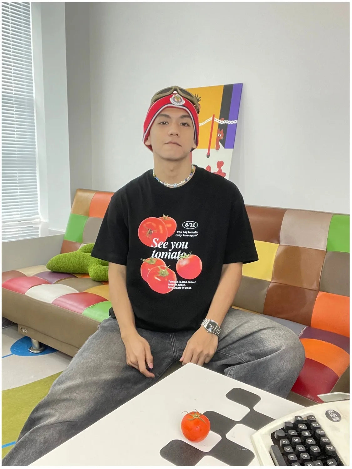 Tomato print pure cotton short-sleeved T-shirt, fun and cute men and women niche fashion brand Korean style college style top Street King Limited