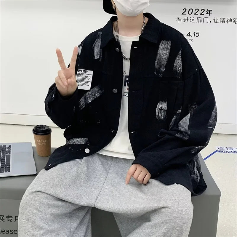 new graffiti tie dye denim jackets for men autumn high street appliques button coats harajuku fashion vintage jeans jacket urban skinny jeans
