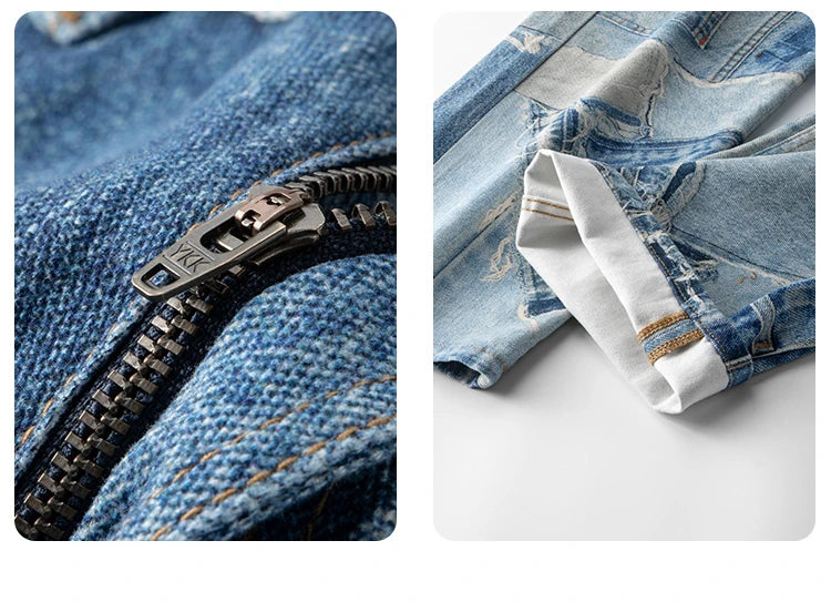 fashion fake patchwork printed denim jeans mens new casual zipper straight loose jeans streetwear hip hop baggy pants joggers unique joggers style 1417