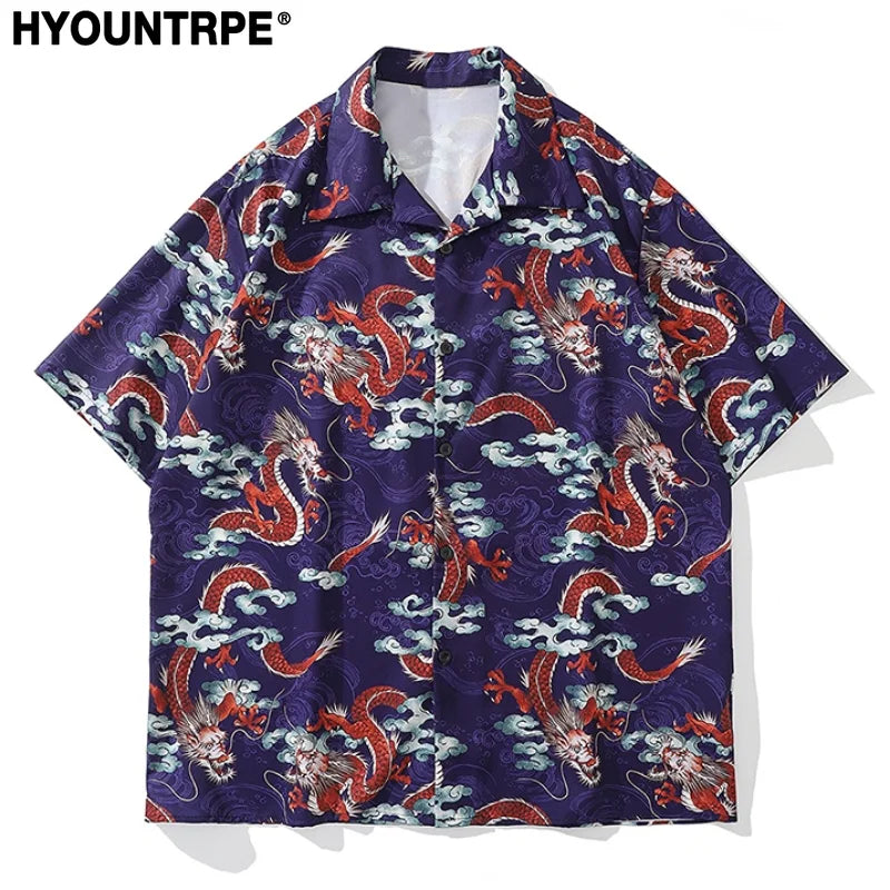 Men Dragon Print Chinese Style Shirt Casual Short Sleeve Hawaiian New Summer Shirts Hip Hop Streetwear Loose Top Harajuku Shirts Street King Limited