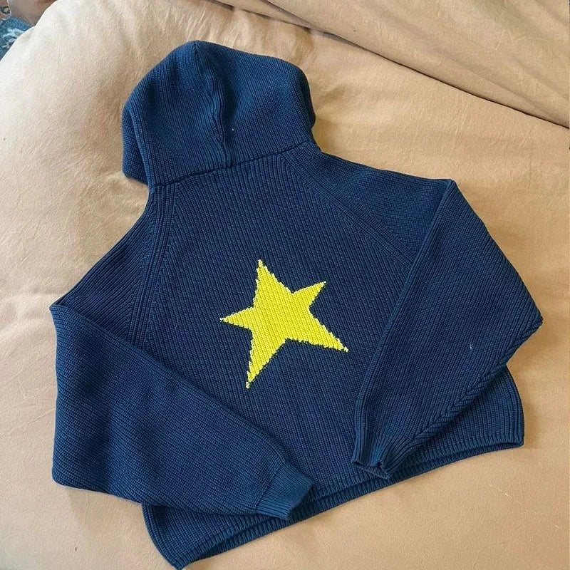 Traf-2024 Women's Sweater zssiibo Official Website Autumn and Winter New Y2K Five Star Pattern Hoodie Women's Wear Street King Limited