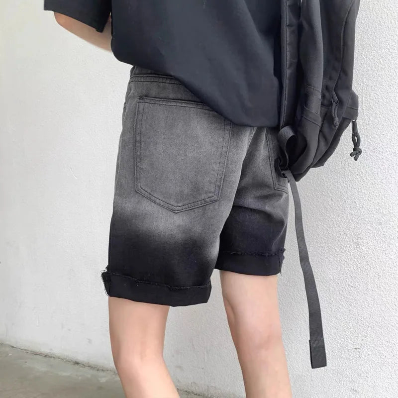 Summer Gradient Denim Shorts Men's Fashion Retro Denim Shorts Mens Streetwear Korean Loose Hip-hop Straight Denim Shorts Men Street King Limited