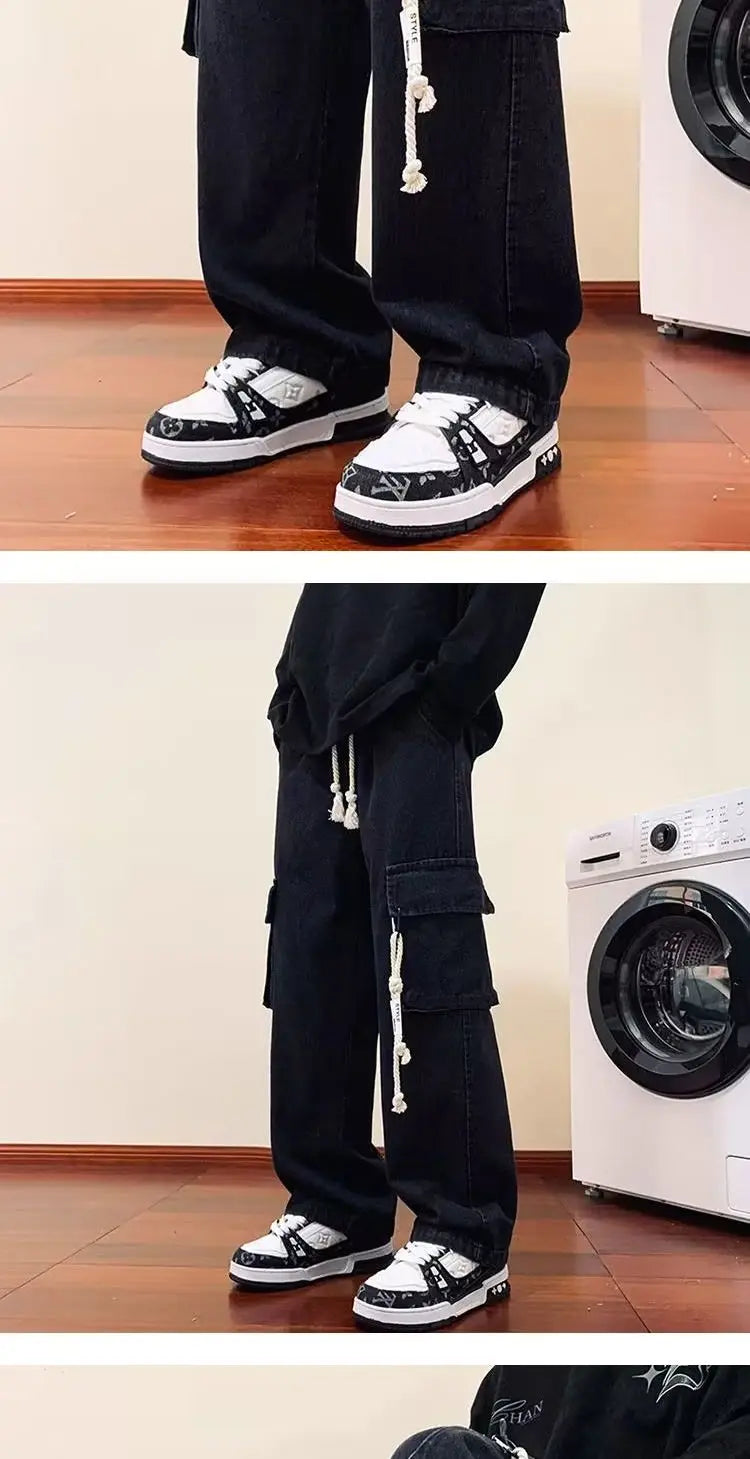 american retro and personalized straight leg jeans for men and women with hiphop big pocket design work pants loose casual pants unique jeans style 765