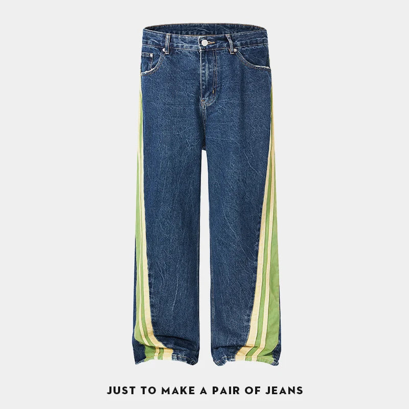 men streetwear fashion side splice hip hop loose casual wide leg straight baggy jeans pant cityboy jeans pants trousers unique jeans style 2511