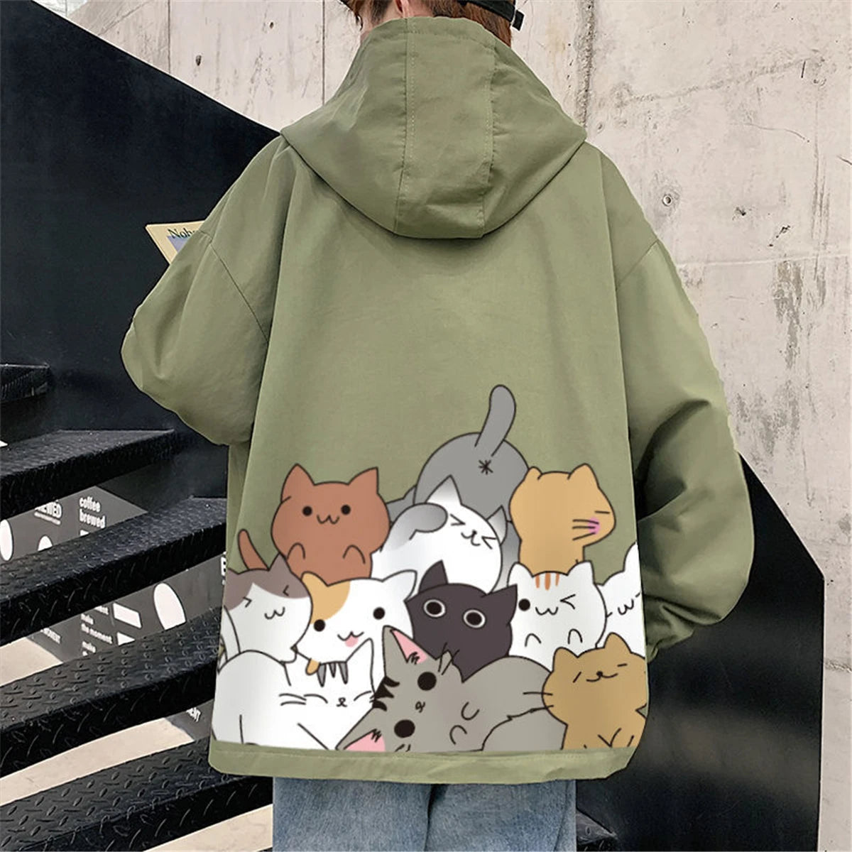 Black Cat Print Baseball Jacket Boys Long Sleeve Loose Ins Harajuku High Street Tops Streetwear Gothic Gray Bomber Jacket Men Street King Limited